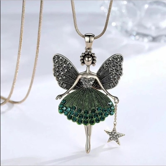 NEW. Silver Tone Fairy Girl & Blue Rhinestones long Necklace. - Picture 8 of 8